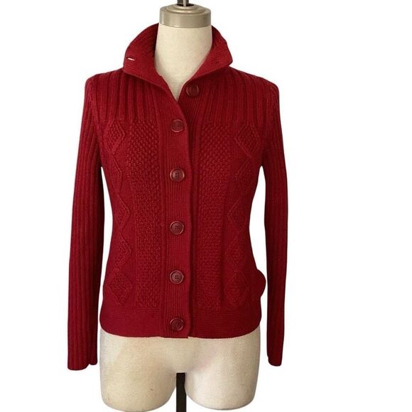L.L. Bean Women's Signature Fisherman Sweater Cardigan Small Red Cable Knit - Picture 2 of 8